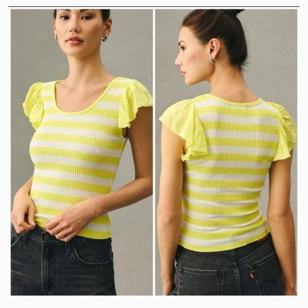 Anthropologie T.La Yellow Striped Ruffle Sleeve Women's Top XL